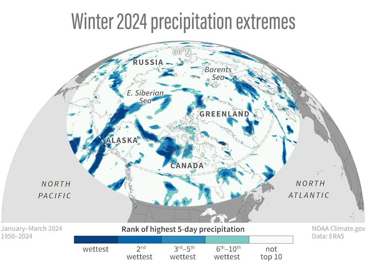 Карти показують, що взимку 2024 року в кількох регіонах Арктики була найбільша кількість опадів за всю історію спостережень або майже рекордна.